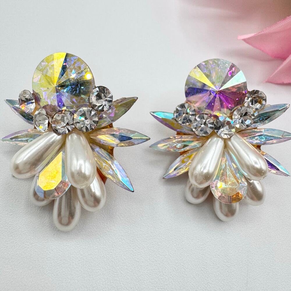 Vintage Rhinestone Earrings AB Rivoli Navettes Runway Ballroom Faux Pearls Bling